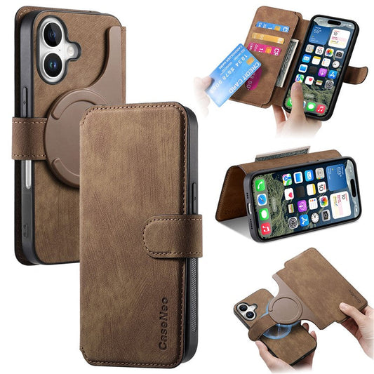 CASENEO For iPhone 16 Plus Case Detachable Wallet Leather+TPU Phone Cover - Brown