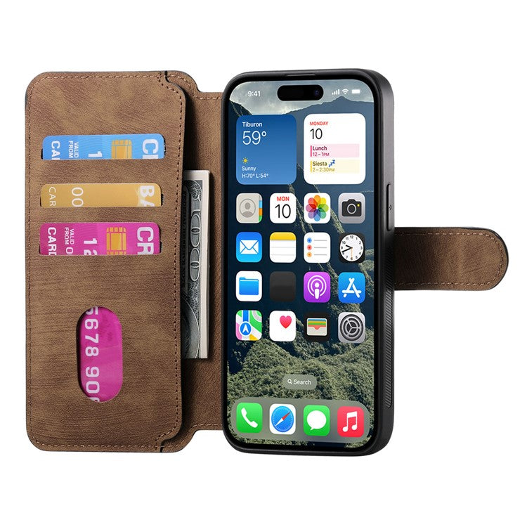 CASENEO For iPhone 16 Plus Case Detachable Wallet Leather+TPU Phone Cover - Brown