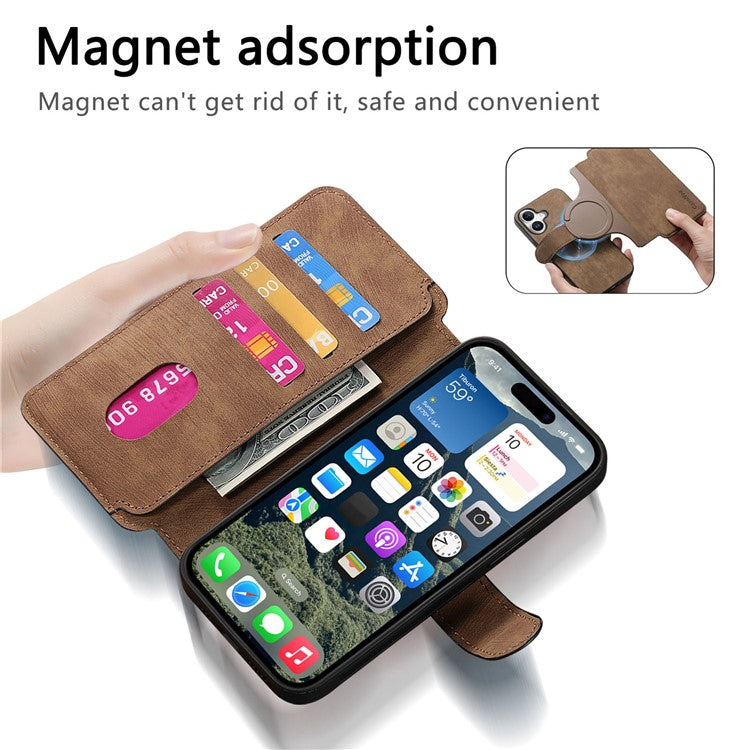 CASENEO For iPhone 16 Plus Case Detachable Wallet Leather+TPU Phone Cover - Brown