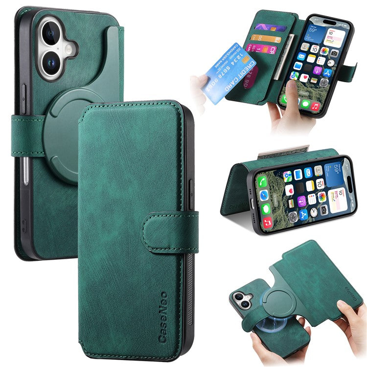 CASENEO For iPhone 16 Case Detachable Wallet Leather+TPU Phone Cover - Green