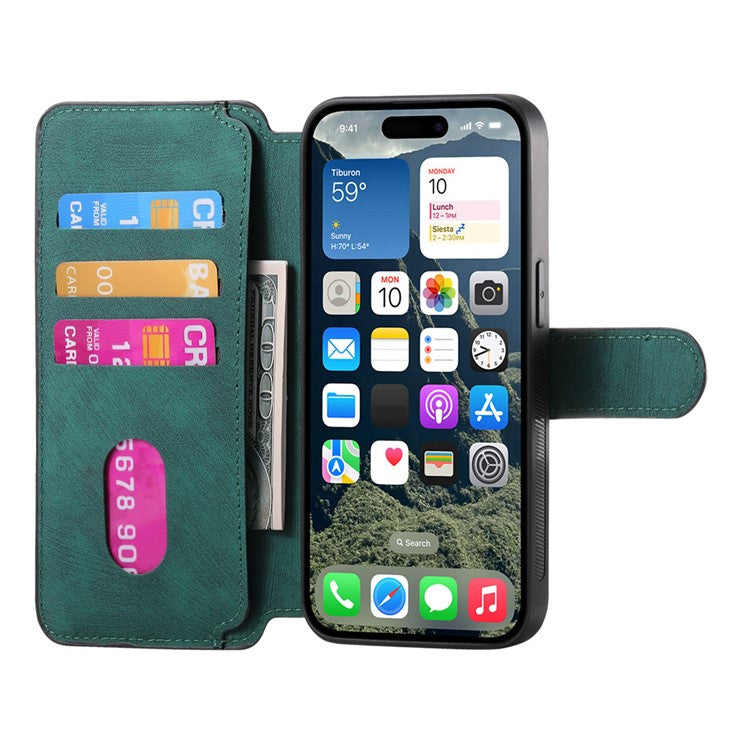CASENEO For iPhone 16 Case Detachable Wallet Leather+TPU Phone Cover - Green