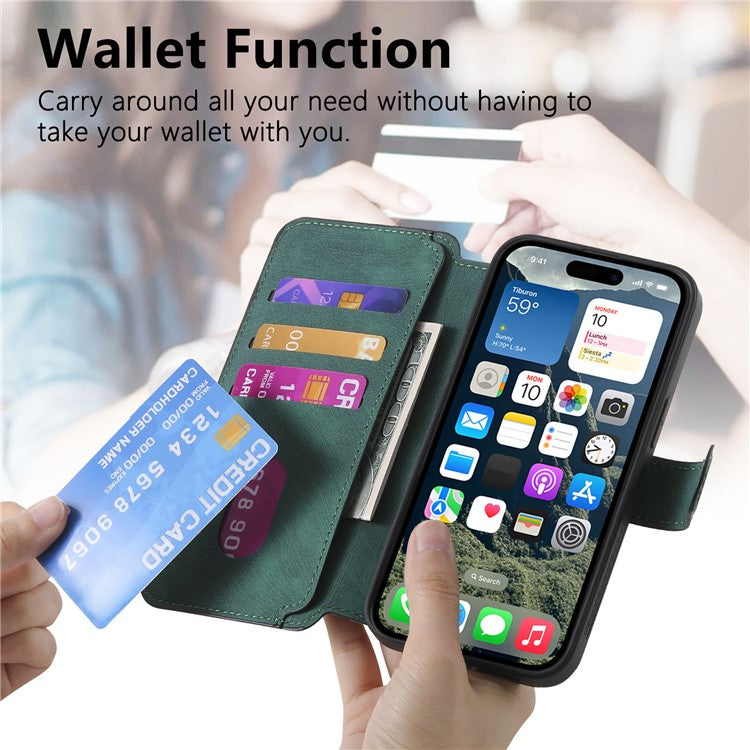 CASENEO For iPhone 16 Case Detachable Wallet Leather+TPU Phone Cover - Green