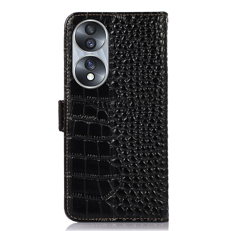Genuine Cowhide Leather Phone Case for Honor 70 5G, Crocodile Texture Dual Magnetic Clasp RFID Blocking Cover with Stand Wallet - Black