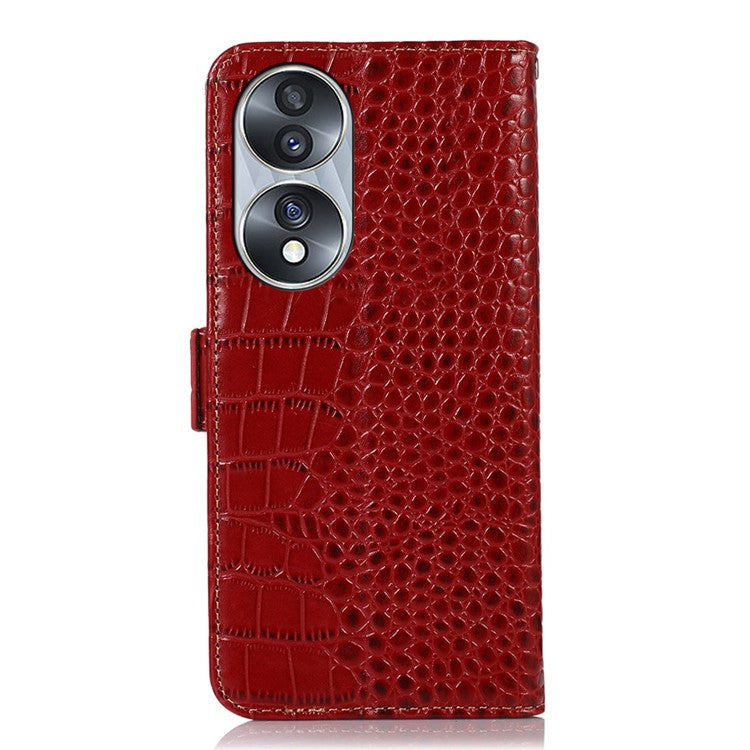 Genuine Cowhide Leather Phone Case for Honor 70 5G, Crocodile Texture Dual Magnetic Clasp RFID Blocking Cover with Stand Wallet - Red