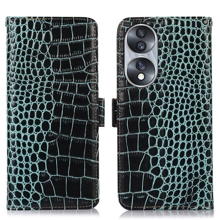 Genuine Cowhide Leather Phone Case for Honor 70 5G, Crocodile Texture Dual Magnetic Clasp RFID Blocking Cover with Stand Wallet - Green