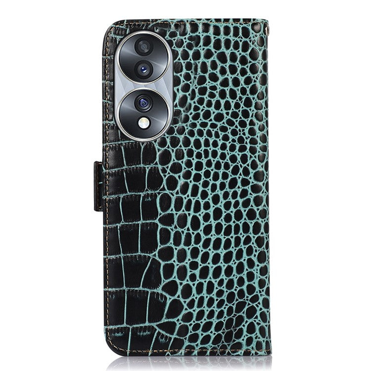 Genuine Cowhide Leather Phone Case for Honor 70 5G, Crocodile Texture Dual Magnetic Clasp RFID Blocking Cover with Stand Wallet - Green