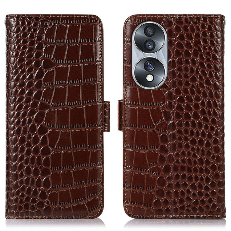Genuine Cowhide Leather Phone Case for Honor 70 5G, Crocodile Texture Dual Magnetic Clasp RFID Blocking Cover with Stand Wallet - Brown