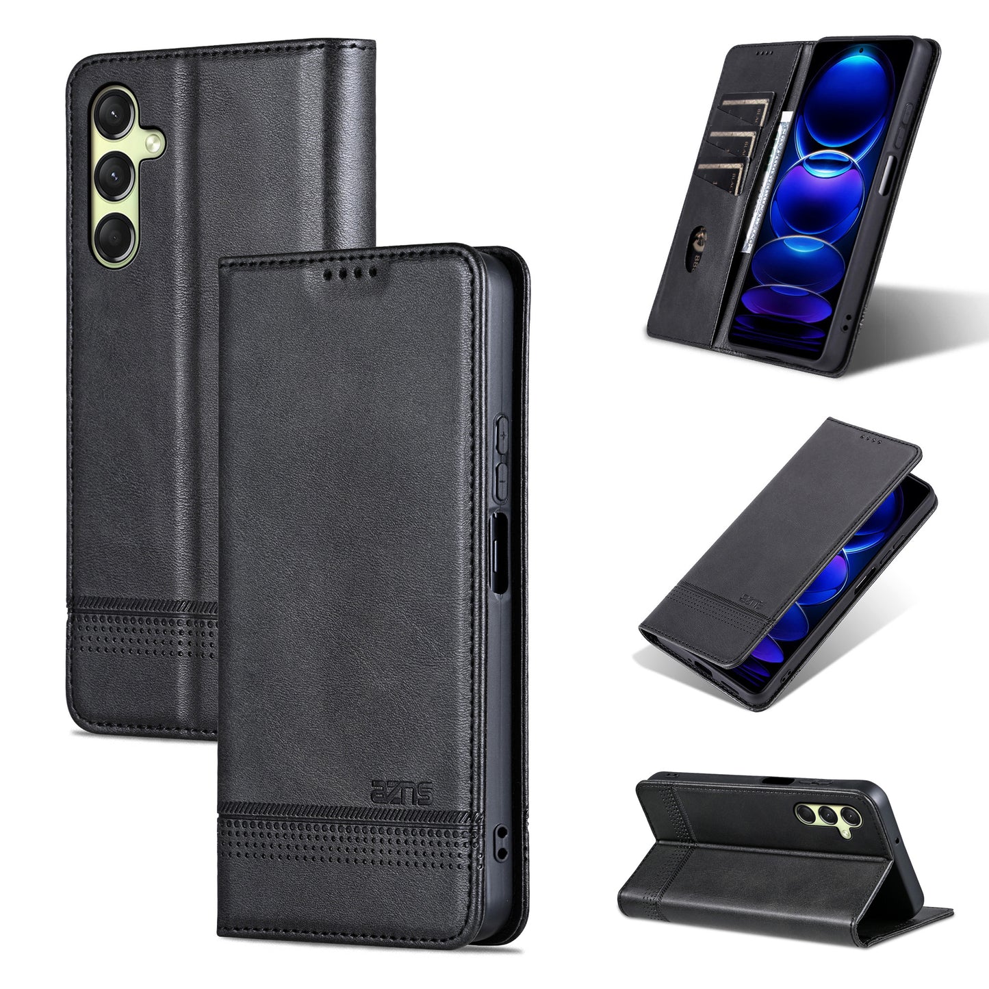 AZNS For Samsung Galaxy A16 5G / A16 4G Case Cowhide Texture PU Leather Wallet Phone Cover - Black