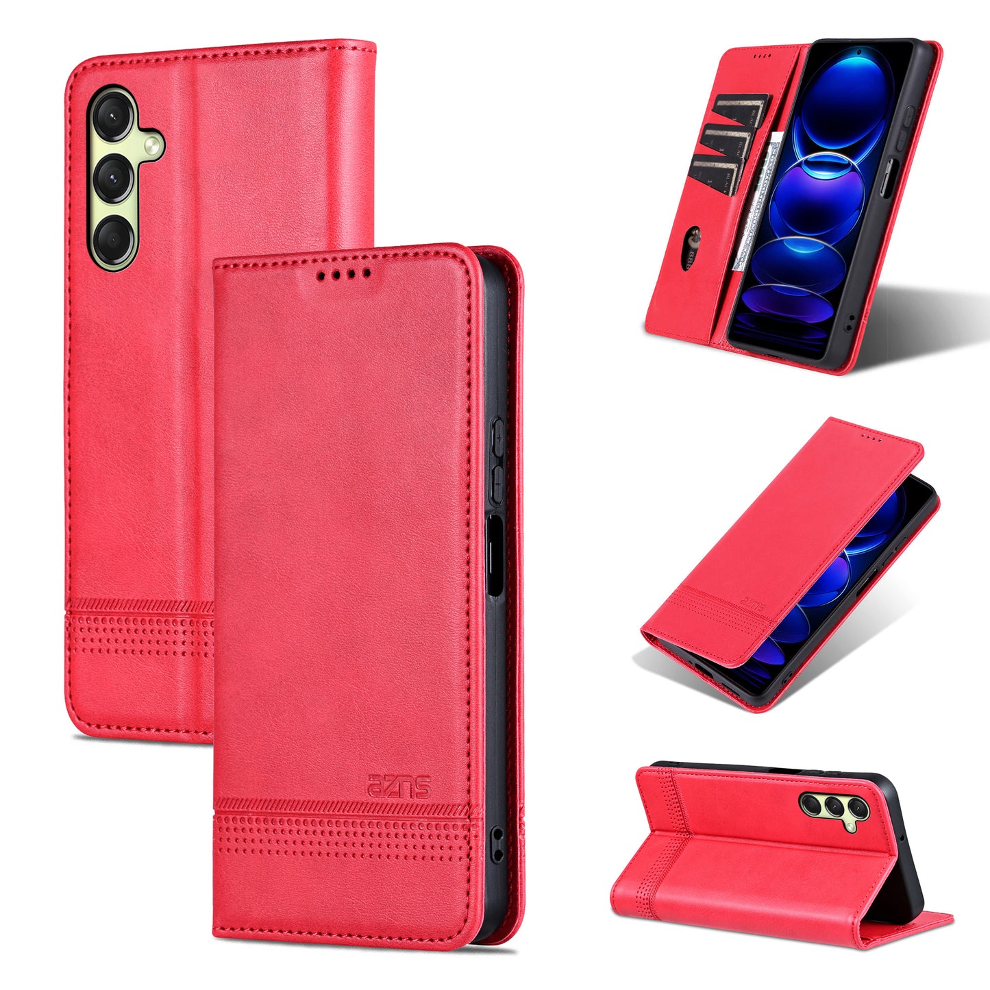 AZNS For Samsung Galaxy A16 5G / A16 4G Case Cowhide Texture PU Leather Wallet Phone Cover - Red