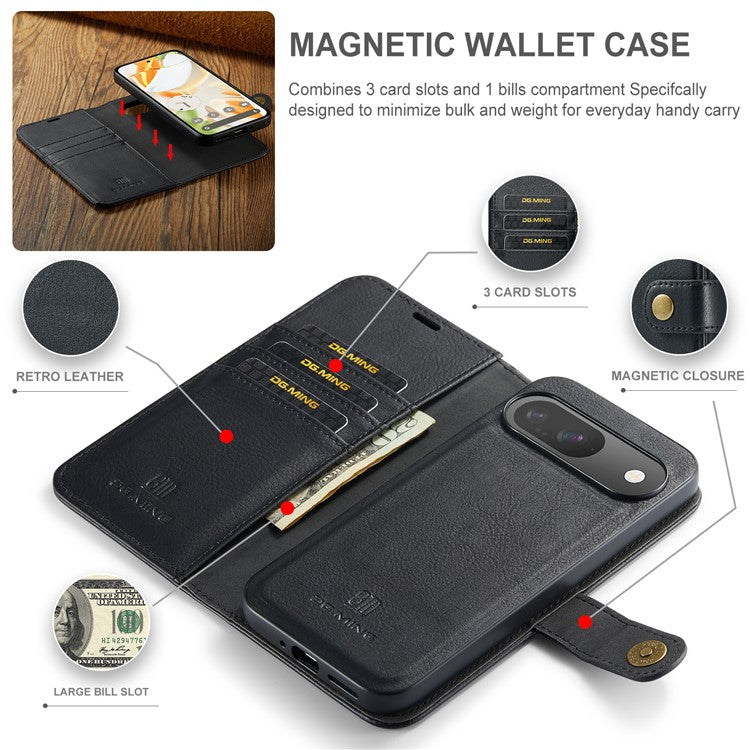 DG.MING for Google Pixel 9 / 9 Pro Case Detachable Split Leather Phone Cover - Black