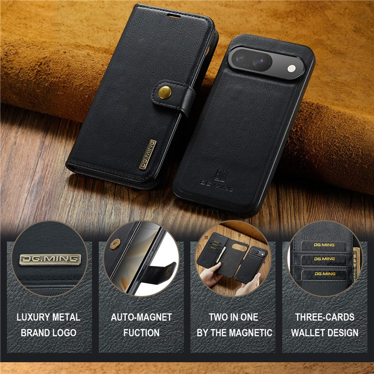 DG.MING for Google Pixel 9 / 9 Pro Case Detachable Split Leather Phone Cover - Black