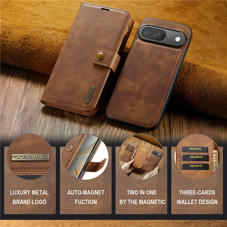 DG.MING for Google Pixel 9 / 9 Pro Case Detachable Split Leather Phone Cover - Brown