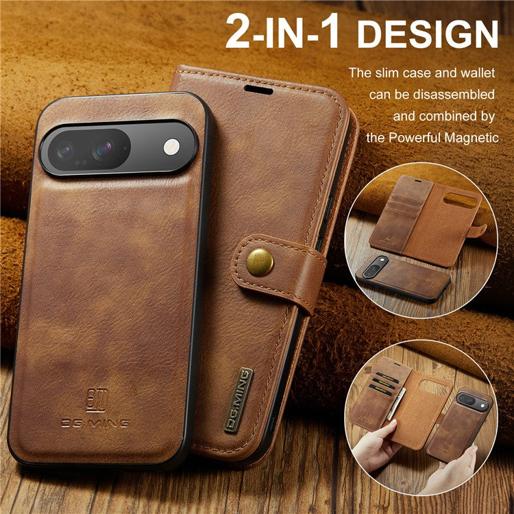 DG.MING for Google Pixel 9 / 9 Pro Case Detachable Split Leather Phone Cover - Brown