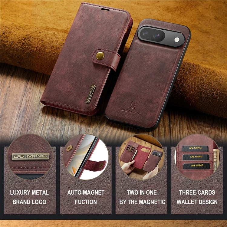 DG.MING for Google Pixel 9 / 9 Pro Case Detachable Split Leather Phone Cover - Red