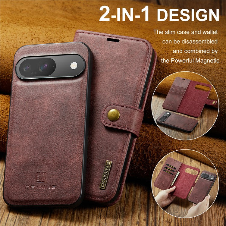DG.MING for Google Pixel 9 / 9 Pro Case Detachable Split Leather Phone Cover - Red