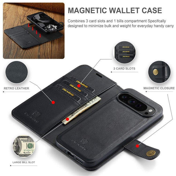 DG.MING for Google Pixel 9 Pro XL Case Detachable Split Leather Phone Cover - Black