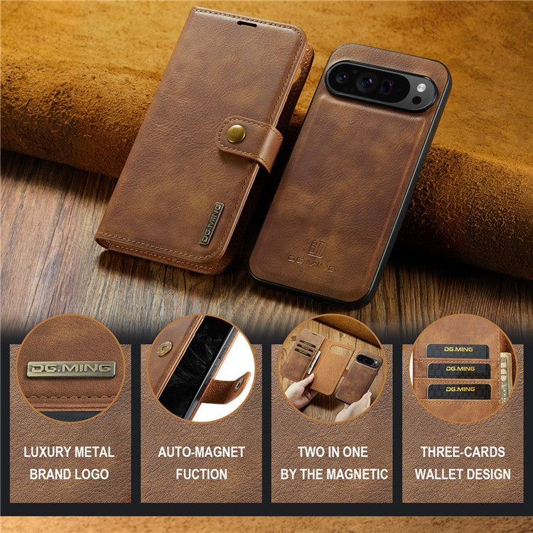 DG.MING for Google Pixel 9 Pro XL Case Detachable Split Leather Phone Cover - Brown