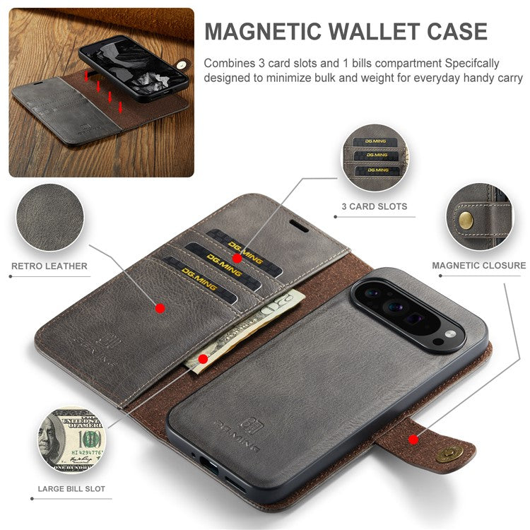 DG.MING for Google Pixel 9 Pro XL Case Detachable Split Leather Phone Cover - Grey