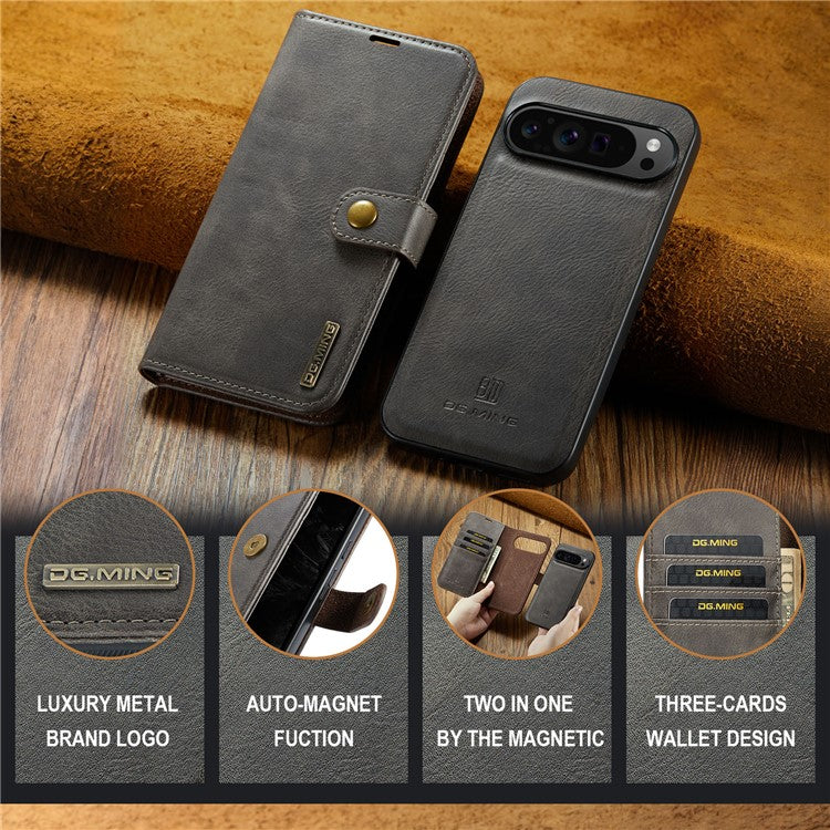 DG.MING for Google Pixel 9 Pro XL Case Detachable Split Leather Phone Cover - Grey