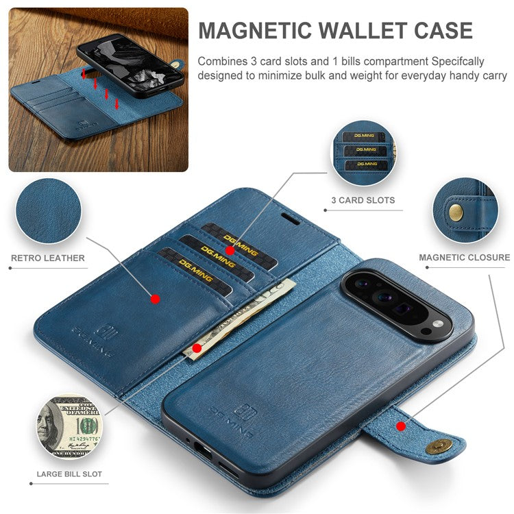DG.MING for Google Pixel 9 Pro XL Case Detachable Split Leather Phone Cover - Blue