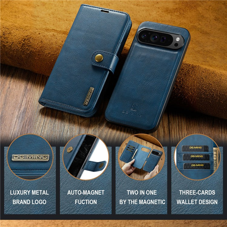 DG.MING for Google Pixel 9 Pro XL Case Detachable Split Leather Phone Cover - Blue