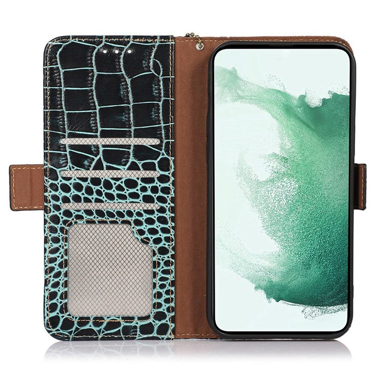 For Motorola Edge 30 Neo 5G Genuine Cowhide Leather Stand Case Crocodile Texture Phone Wallet Cover with RFID Blocking Function - Green