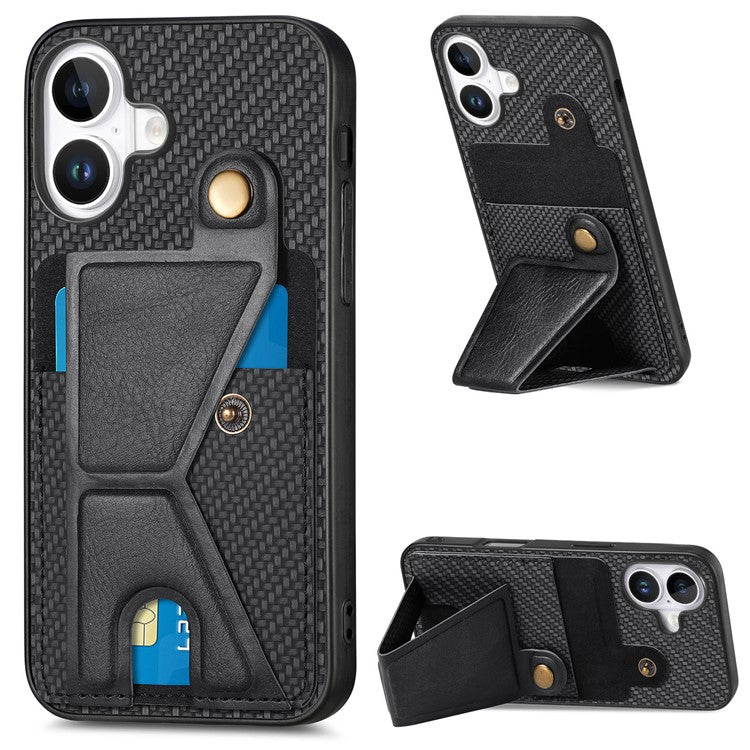 For iPhone 16 Case K-Shaped Kickstand Leather+PC+TPU Phone Cover - Black