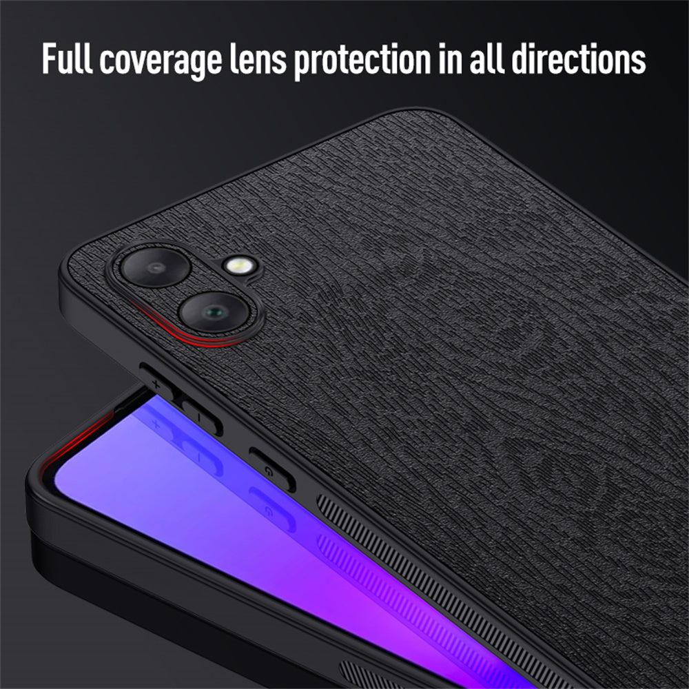 For Samsung Galaxy A06 Case Wood Texture PU Leather Coated PC+TPU Phone Cover - Grey