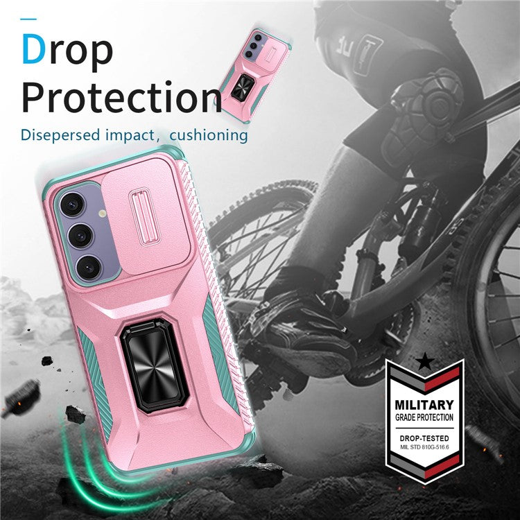 For Samsung Galaxy S24 FE Case Camshield Kickstand TPU+PC Anti-Slip Phone Cover - Pink+Grey Green