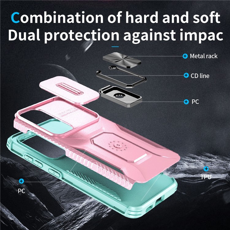 For Samsung Galaxy S24 FE Case Camshield Kickstand TPU+PC Anti-Slip Phone Cover - Pink+Grey Green
