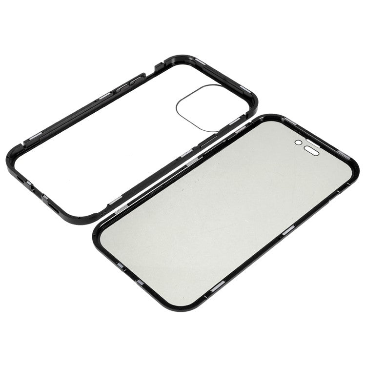 For iPhone 16 Pro Anti-Spy Case Magnetic Metal Frame + Double-Sided Tempered Glass Phone Cover - Black