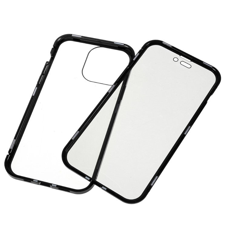 For iPhone 16 Pro Anti-Spy Case Magnetic Metal Frame + Double-Sided Tempered Glass Phone Cover - Black