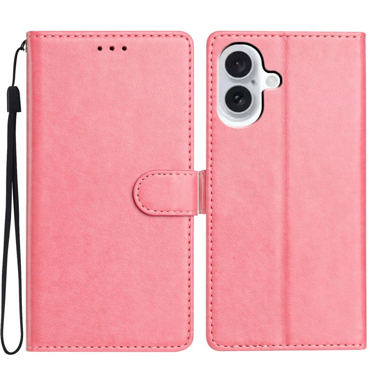 For iPhone 16 Leather Phone Case Wallet Stand Cover with Handy Strap - Pink