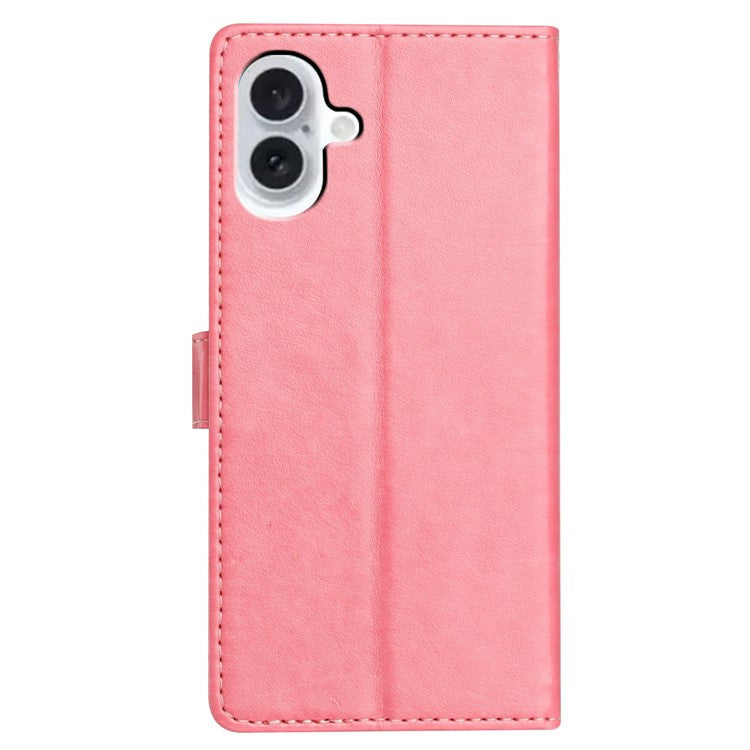 For iPhone 16 Leather Phone Case Wallet Stand Cover with Handy Strap - Pink