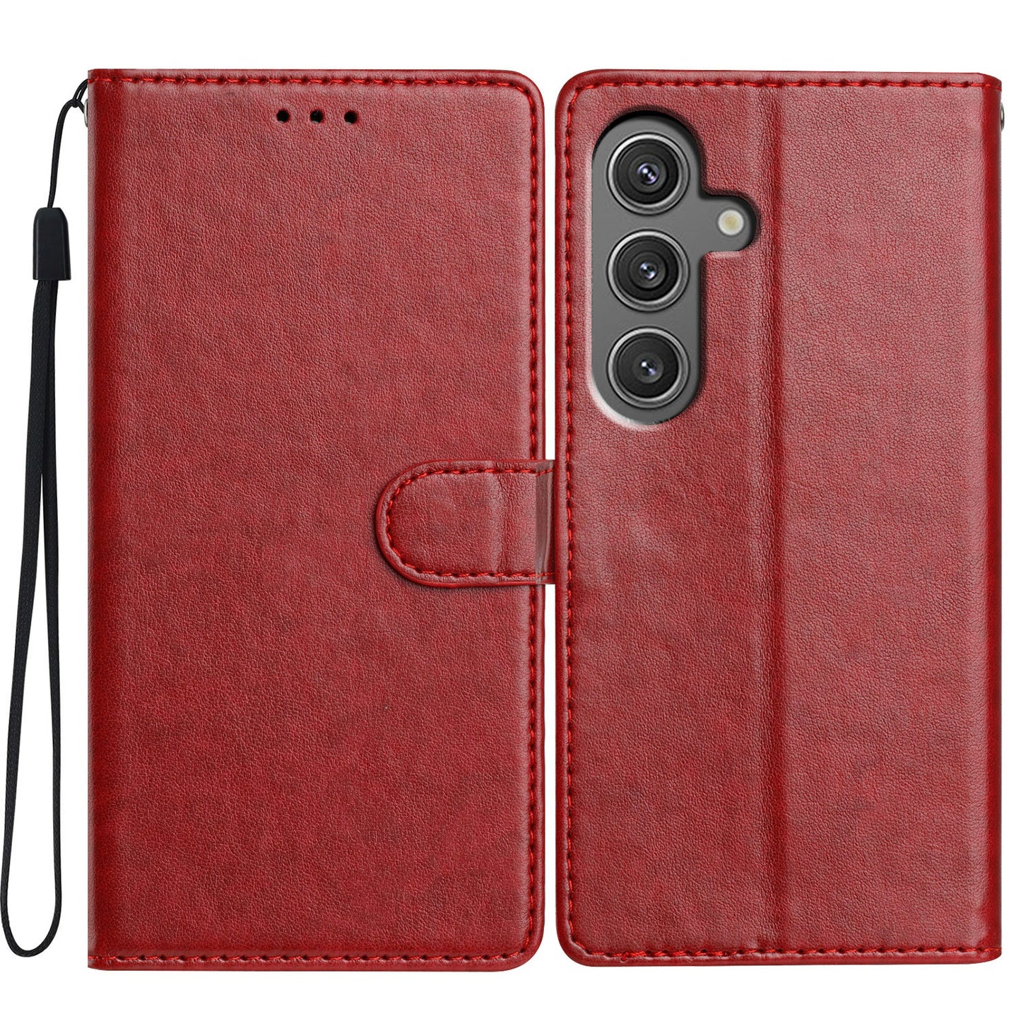 For Samsung Galaxy A16 5G / A16 4G Leather Phone Case Wallet Stand Cover with Handy Strap - Red