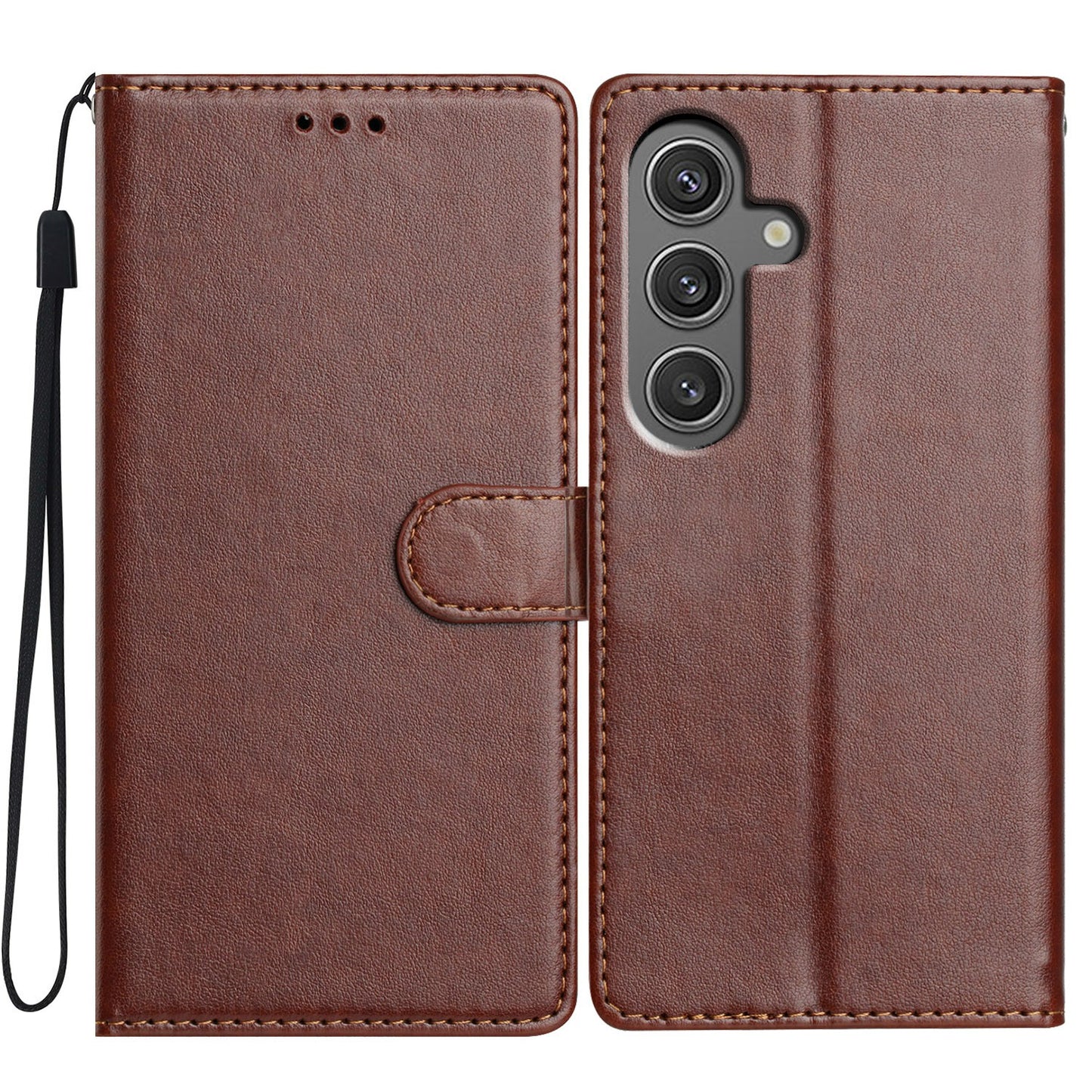 For Samsung Galaxy A16 5G / A16 4G Leather Phone Case Wallet Stand Cover with Handy Strap - Brown