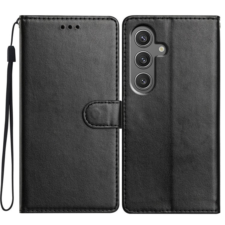 For Samsung Galaxy S24+ Leather Phone Case Wallet Stand Cover with Handy Strap - Black
