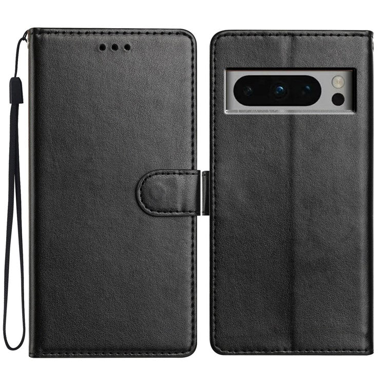 For Google Pixel 8 Pro Leather Phone Case Wallet Stand Cover with Handy Strap - Black