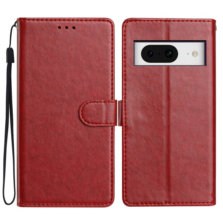 For Google Pixel 8 Leather Phone Case Wallet Stand Cover with Handy Strap - Red