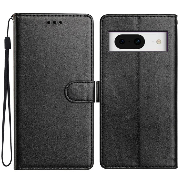 For Google Pixel 8 Leather Phone Case Wallet Stand Cover with Handy Strap - Black