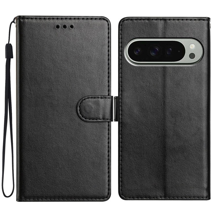 For Google Pixel 9 Pro / Pixel 9 Leather Phone Case Wallet Stand Cover with Handy Strap - Black
