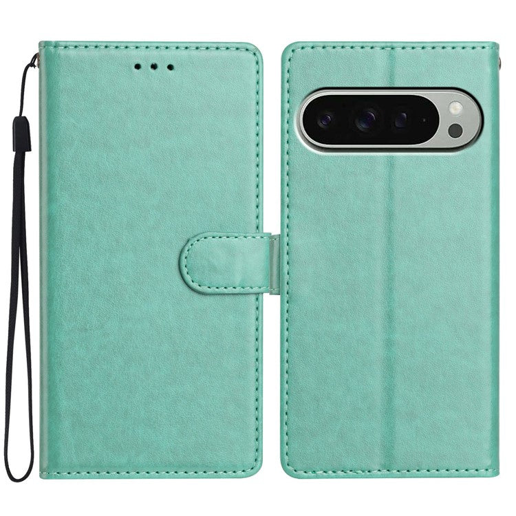 For Google Pixel 9 Pro / Pixel 9 Leather Phone Case Wallet Stand Cover with Handy Strap - Green