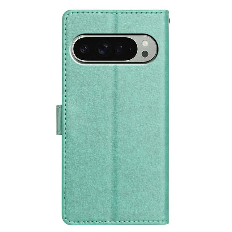 For Google Pixel 9 Pro / Pixel 9 Leather Phone Case Wallet Stand Cover with Handy Strap - Green