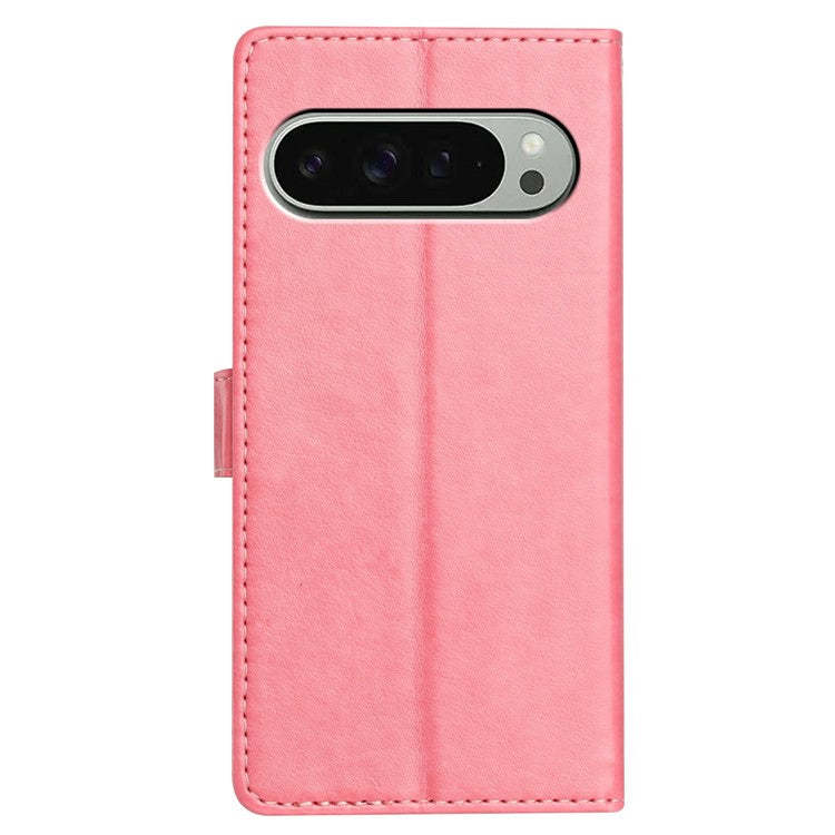 For Google Pixel 9 Pro / Pixel 9 Leather Phone Case Wallet Stand Cover with Handy Strap - Pink