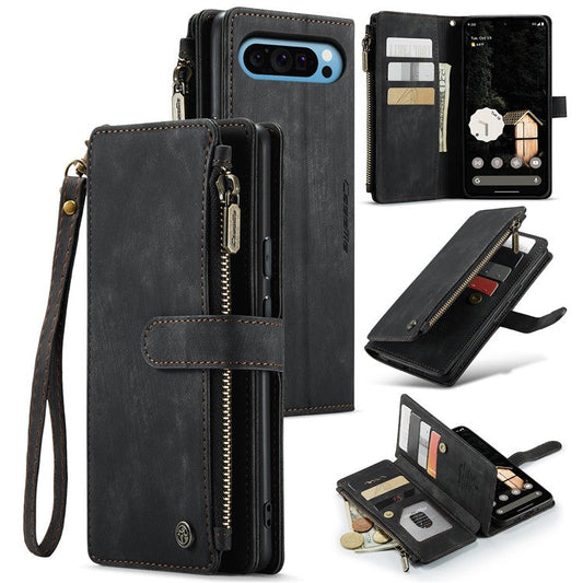 CASEME C30 Series for Google Pixel 9 Pro XL Case Leather Phone Cover with 10 Card Holder Zipper Pocket - Black