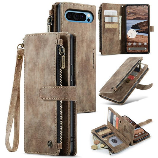CASEME C30 Series for Google Pixel 9 Pro XL Case Leather Phone Cover with 10 Card Holder Zipper Pocket - Brown