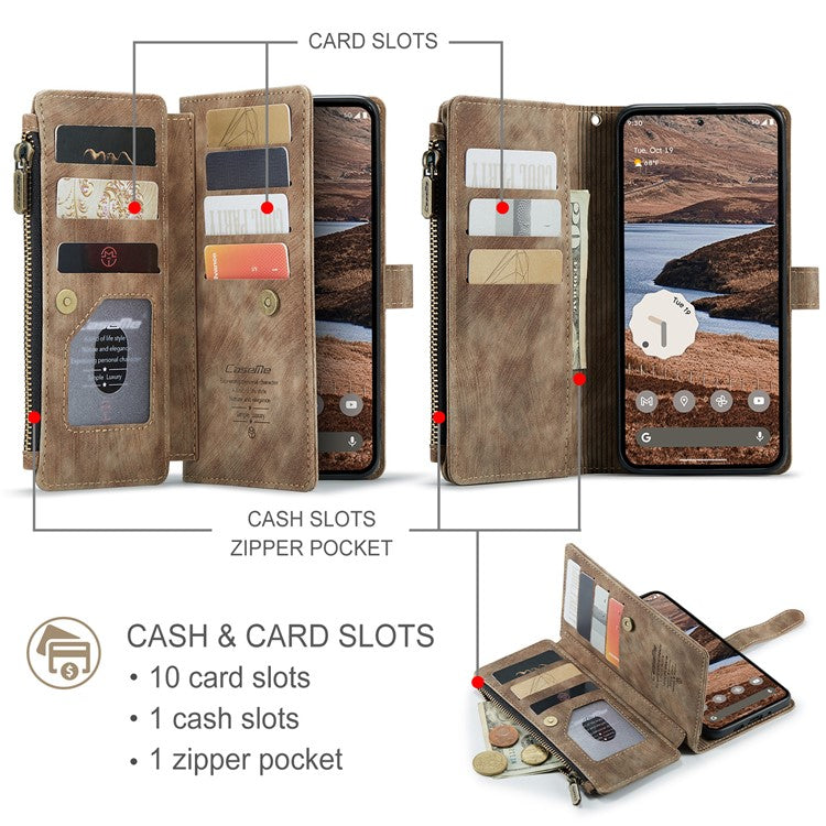 CASEME C30 Series for Google Pixel 9 Pro XL Case Leather Phone Cover with 10 Card Holder Zipper Pocket - Brown