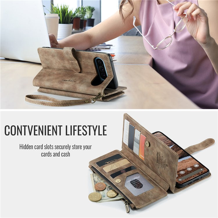 CASEME C30 Series for Google Pixel 9 Pro XL Case Leather Phone Cover with 10 Card Holder Zipper Pocket - Brown