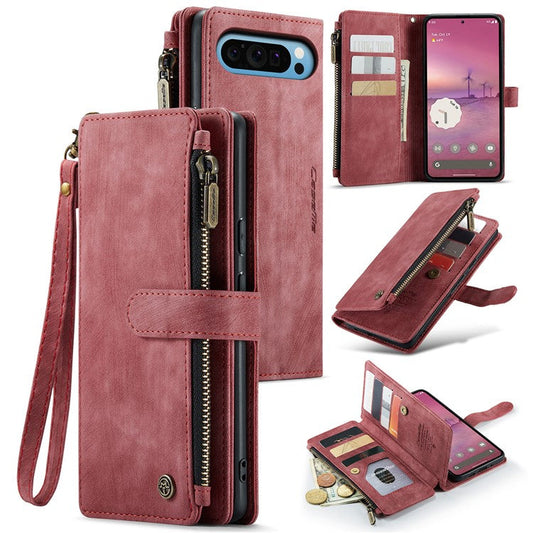CASEME C30 Series for Google Pixel 9 Pro XL Case Leather Phone Cover with 10 Card Holder Zipper Pocket - Red