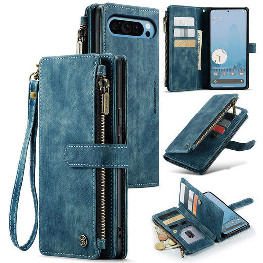 CASEME C30 Series for Google Pixel 9 Pro XL Case Leather Phone Cover with 10 Card Holder Zipper Pocket - Blue